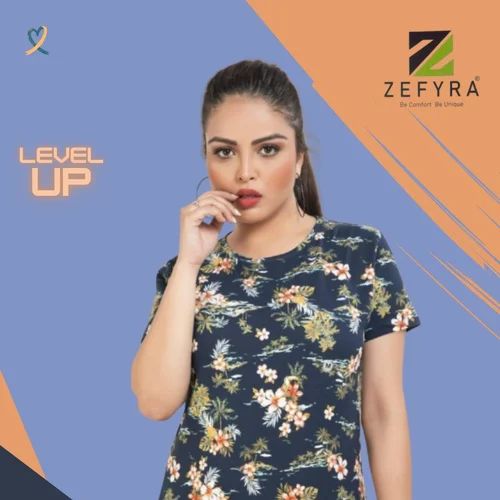 Regular Fit Casual Wear WOMENS ZEFYRA 4 WAY LYCRA PRINTED T-SHIRTS, 180-200