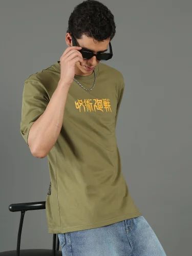 Round Neck Olive Green Printed Cotton Men T Shirt, 160 GSM