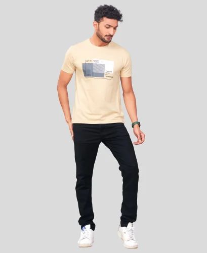 Round Neck Creamy Cotton Men T Shirt, 160 GSM