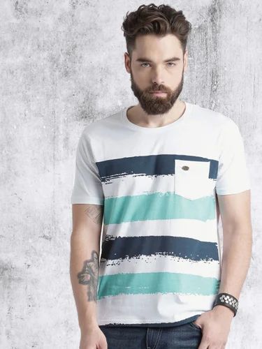 Cotton Floral Men Printed T Shirt, Round Collar