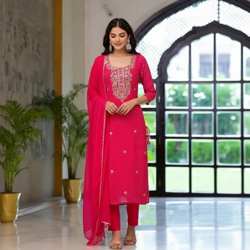 Pink Leheriya Print Georgette Fabric Straight Kurta And Trouser with Dupatta