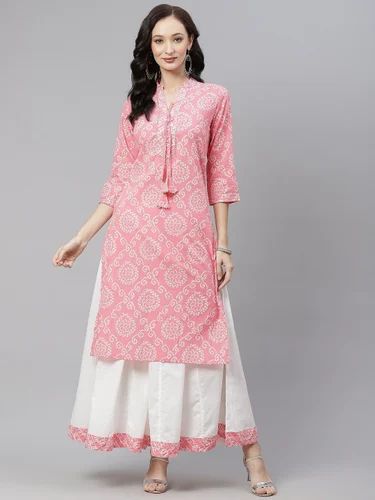 Cotton Pink Bandhej Gota Patti Work Kurta With Palazzo Set