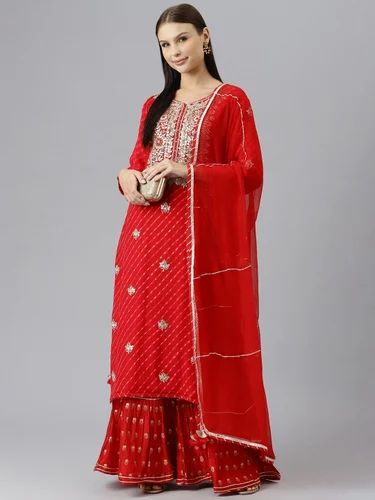 Embroidery Readymade Pure Georgette Jaipuri Mothda Red Kurta Sharara Set With Dupatta