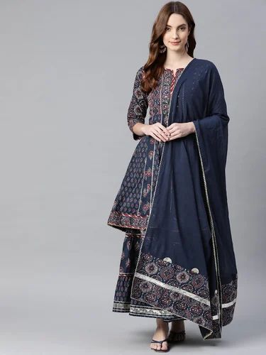 Printed Readymade Indigo Cotton Short Kurti Sharara Set With Dupatta