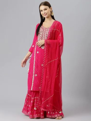 Readymade Embroidery Pure Georgette Jaipuri Mothda Rani Pink Kurta Sharara Set With Dupatta