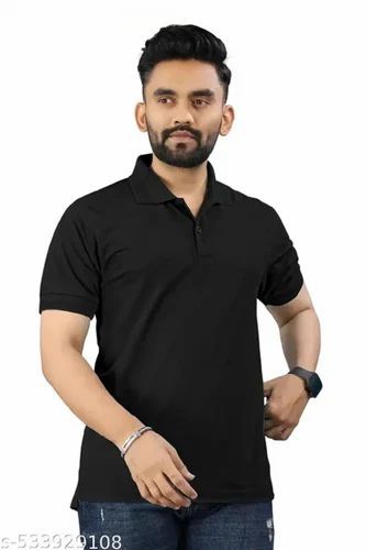 Black Polyester Polo Neck T Shirt, Solid, Size: Large