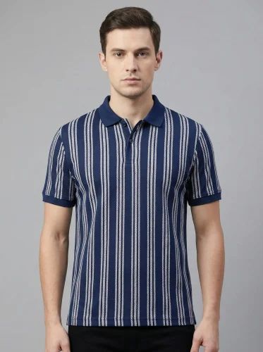 Polyester Cotton Viscose Mens Polo Collar Striped T Shirt