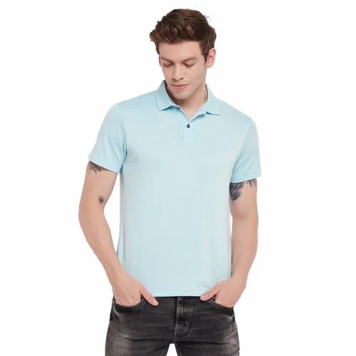 Plain Hang N Hold Blue Crepe Lycra Polo T shirts, Size: S-XXL, V-neck Collar