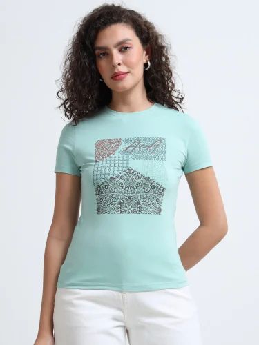 Women Printed Round Neck Sky Blue T Shirt