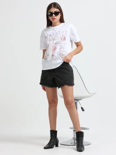 Women Printed Half Sleeves White T Shirt