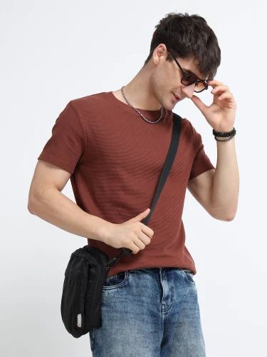 M2307 Waffle Brown Round Neck Mens T Shirt