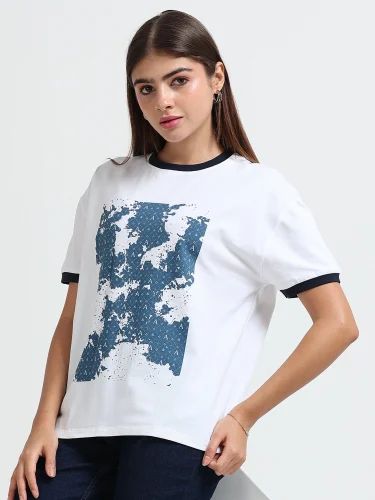 Women Printed Round Neck White Long T Shirt