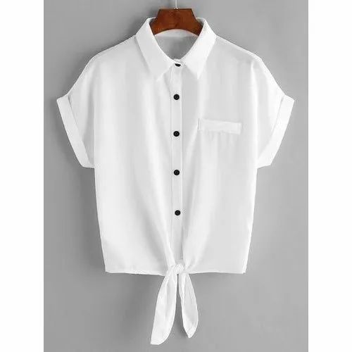 Plain White Ladies Hem Knot Shirt, Size: S-XXL