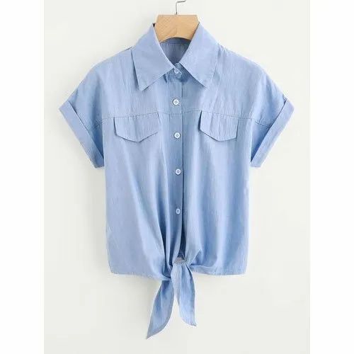 Alpha Half Sleeve Ladies Hem Knot Denim Shirt, Size: S-XXL