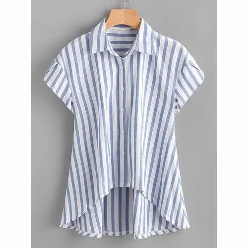 Alpha Half Sleeve Ladies Cotton Striped Shirt, Size: S-XXL