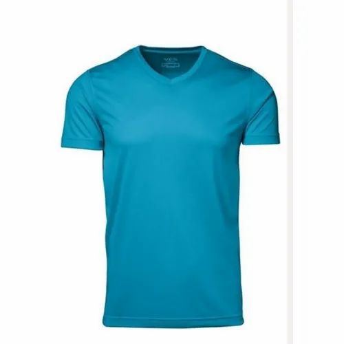 Plain Men's Blue Cotton T Shirt, Round Neck