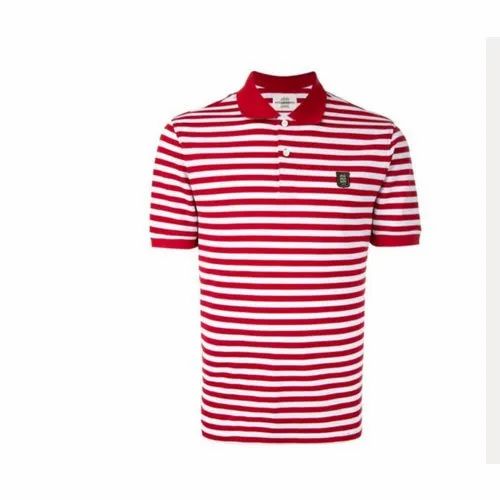 Half Sleeve Mens Striped Printed Polo Cotton T Shirt, Size: S-XXL