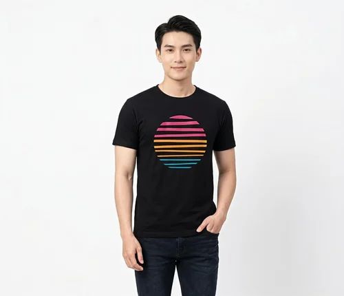 Round Neck Black Men Cotton Printed T Shirt, 180