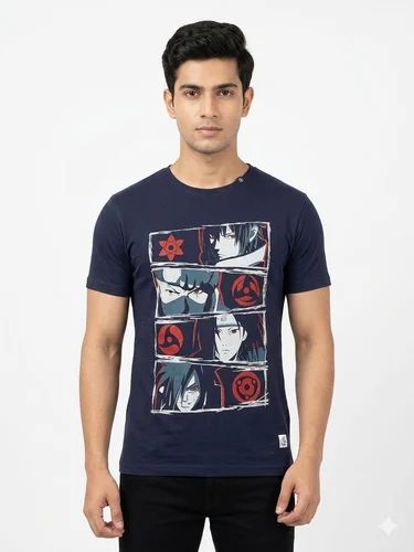 Navy Blue Mens Cotton Faces Printed T Shirt