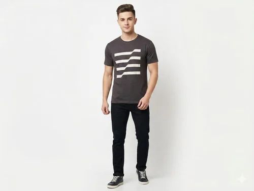 Dark Grey Men Cotton Strip Printed T Shirt