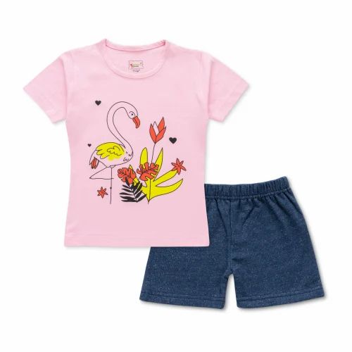 Half Sleeve Girls Flemingo T-Shirt and Shorts, Casual Wear
