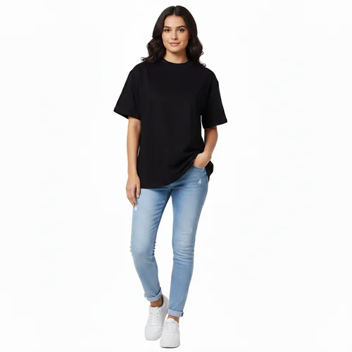 Women Oversized Round Neck Solid Tshirt