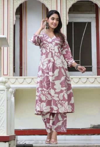 Women Printed Cotton Kurti Pant Set