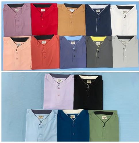 Mens White Mandarin Collar Half Sleeve Poly TShirt