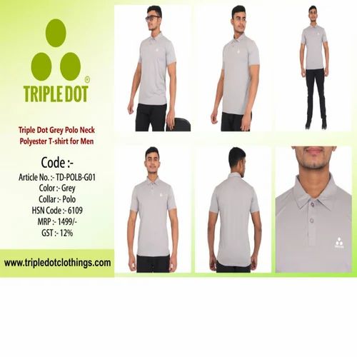 Polyester Plain TRIPLE DOT GREY T SHIRT, Polo Neck