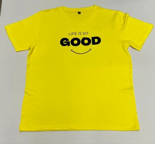 Yellow Printed Polyester T Shirt, Medium, Round Neck
