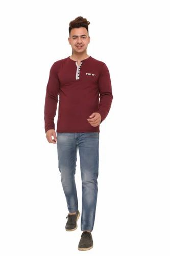Henley neck Men Maroon Solid Round Neck Full Sleeve T Shirt polycotton 180 gsm