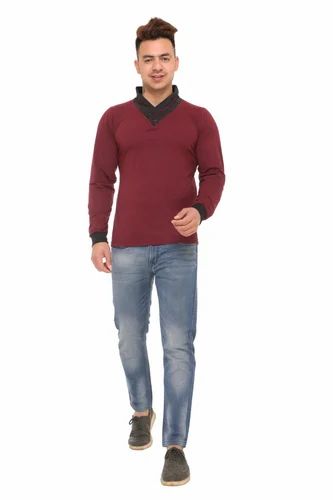 Full Sleeve Men V Neck Cotton T Shirt, Polycotton