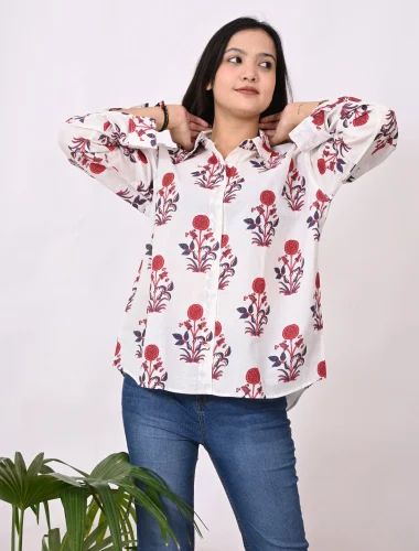 White Printed Boho Floral Block Print Shirt Cotton Casual Top