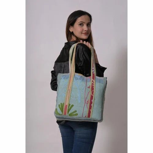 Embroidery Cotton Kantha Handbag, 12x12 inch, Tote Bag