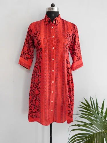 Printed Red Women Silk Long Shirt, Formal