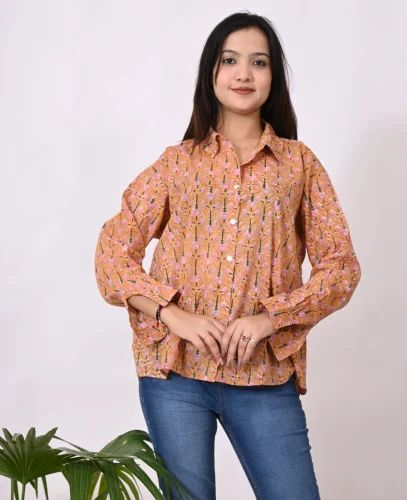 Printed orange Indian Block Print Womens Handcrafted Shirt, Size: Medium