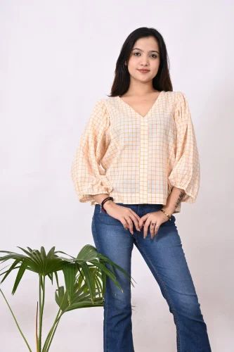 Yellow Stylish Handloom Print Cotton Shirt for Women