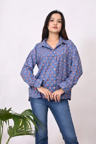 Blue Indian handmade Printed Cotton Shirt for Women, Size: Medium