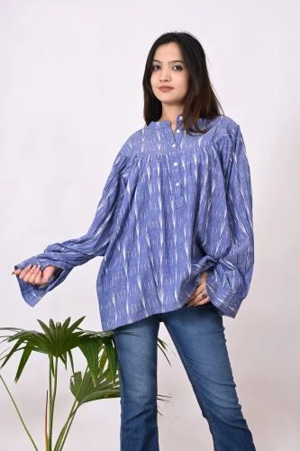 Blue Printed Women's Summer Cotton Ekat Design Blouse Full Sleeve Style