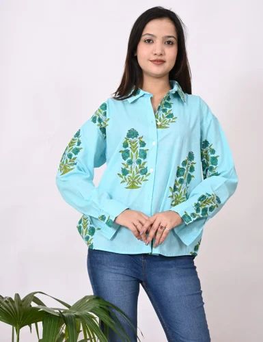 Printed Sky Blue Screen Print Shirt for Women Daily Wear, Size: Medium