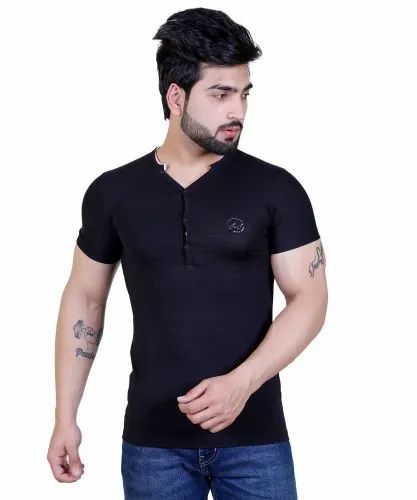 Plain Poly Cotton Men T Shirts, V-neck Collar