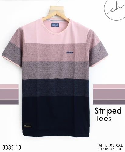 Cotton Men Striped Tshirt, Round Neck
