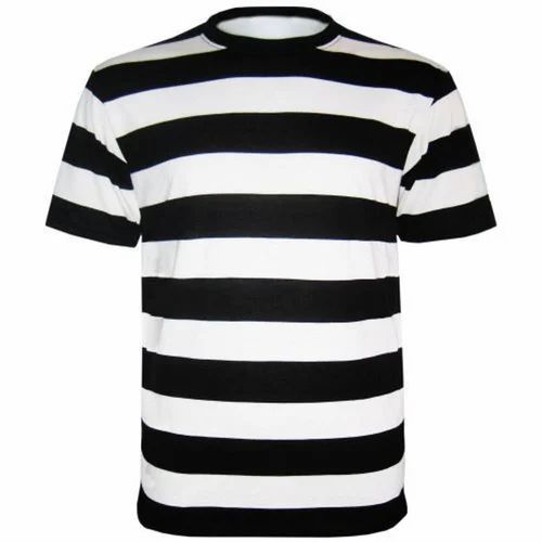 Polyester Striped Black And White Mens Stripped T Shirt, Round Neck