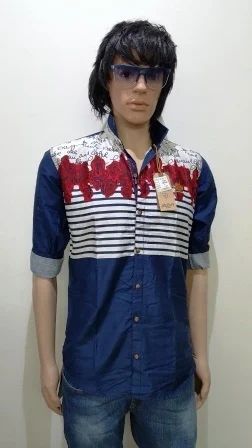 Full Blue Men Printed Linen Shirt