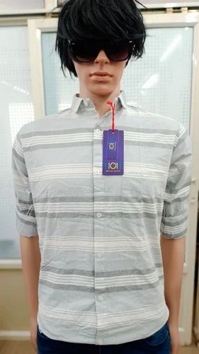 Grey Men Stripe Cotton Shirt