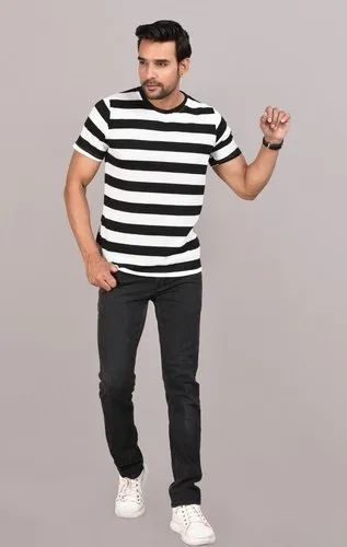 Polyester Striped Mens Striper T Shirts, Round Neck, Plain