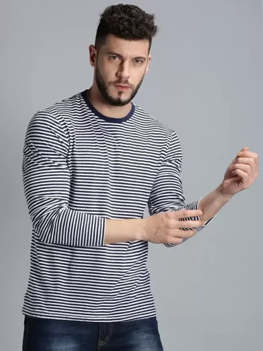 Cotton Mens Full Sleeves Round Neck Striped T Shirt