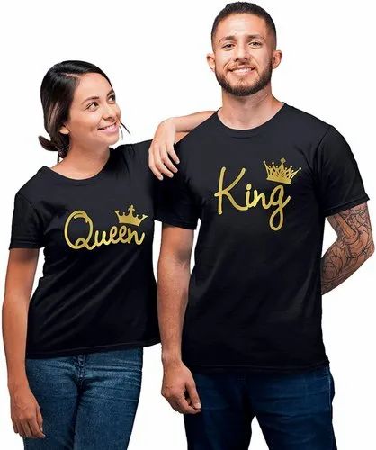 Round Black King And Queen Couple T Shirt, Printed