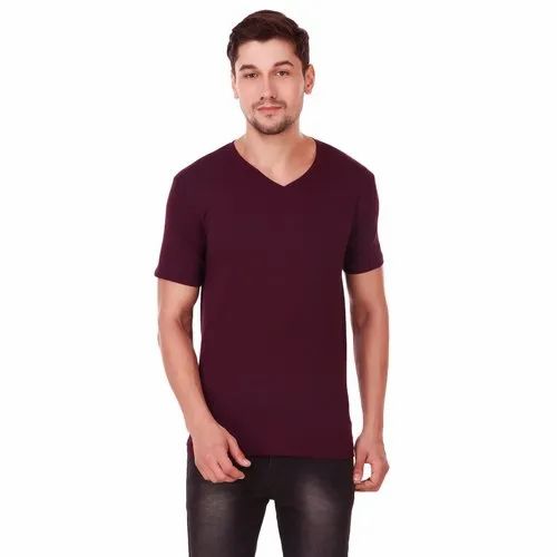 Plain Casual Wear Men's V-Neck Cotton T-Shirt