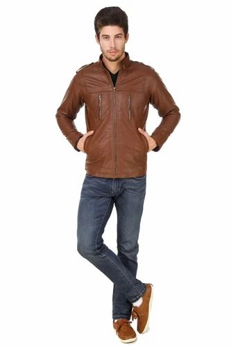 Tan Regular Fit PU Leather Jackets, No
